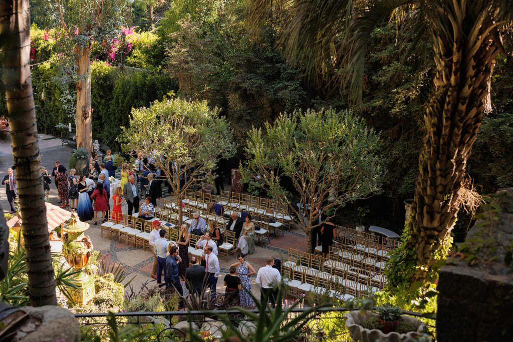 overhead view of wedding guests gathering for ceremony
