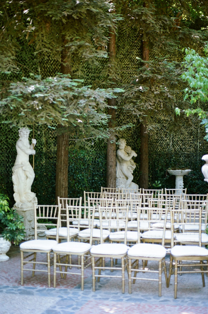 forested wedding ceremony design at the Houdini estate in Los Angeles