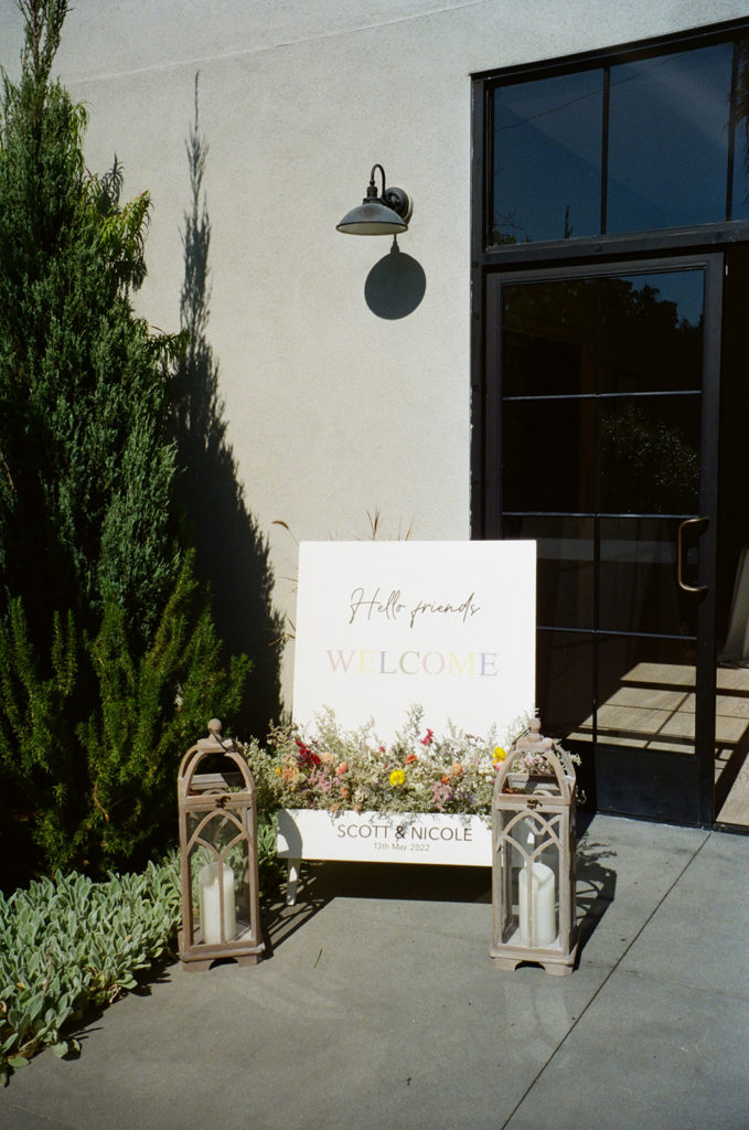 wedding welcome sign with dried florals