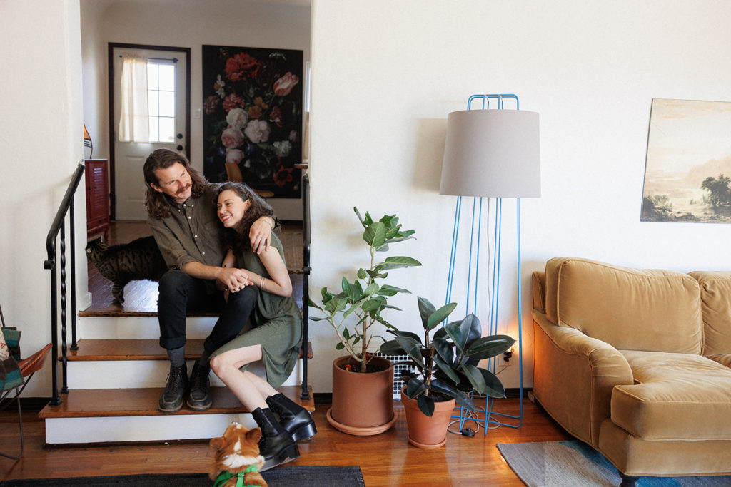Los Angeles engagement photos at home with eclectic furniture and style