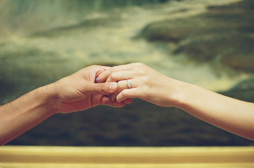 couple's hands outstretched to meet each other against the backdrop of a classic artwork