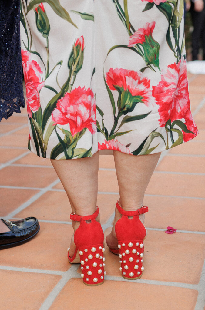 floral and red pearl shoes
