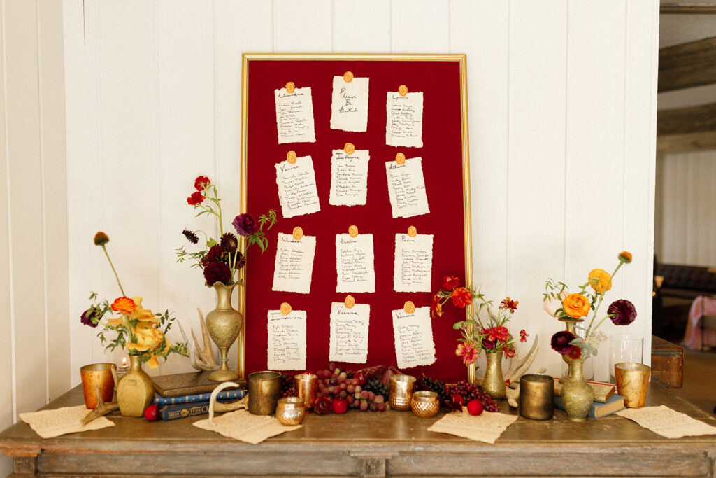 renaissance inspired wedding seating chart complete with wax seals, hand torn paper, and rich jewel toned accents