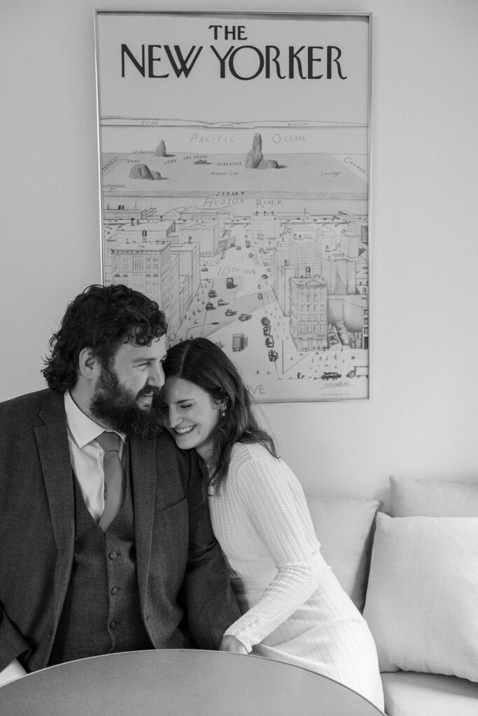 black and white couple photo at home