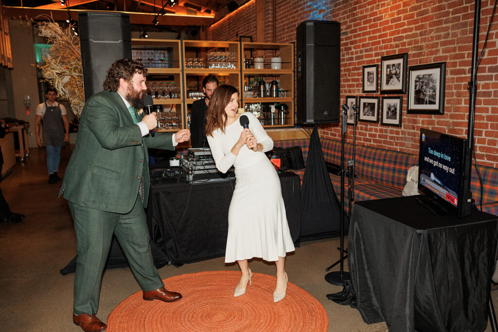 bride and groom singing karaoke
