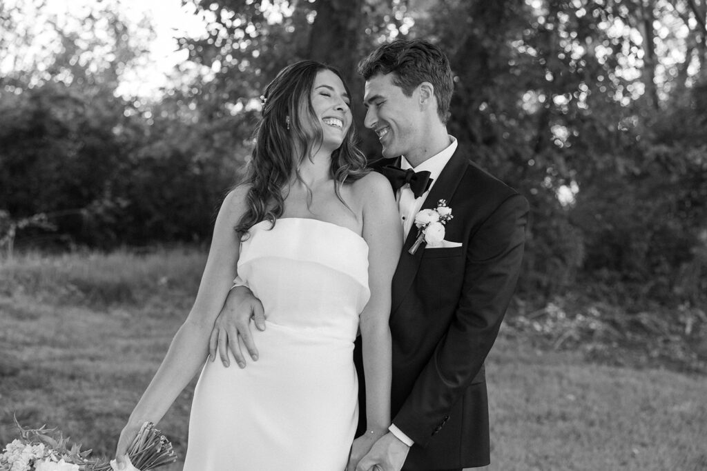 black and white portrait of bride and groom 